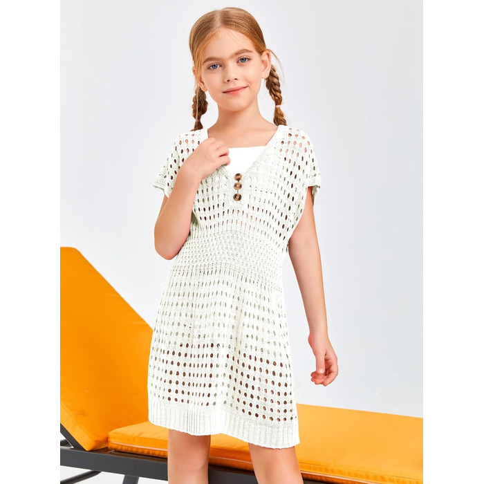 Пляжна сукня Haloumoning для дівчаток, літнє бікіні, пончо з короткими рукавами, в&39язані дитячі модні купальники, 150 білого кольору