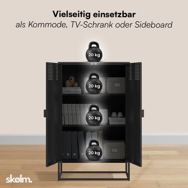 Металевий комод Skølm Izar Шафа для вітальні чорного кольору Металева шафа з 3 відділеннями та подвійними дверима Сервант для вітальні Багатофункціональна шафа шириною 80 см Висока комод в індустріальному стилі чорного кольору 125 см