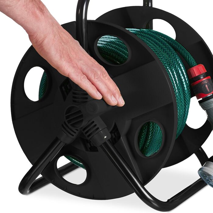 Котушка для шланга Relaxdays, для 30 м шланга 1/2, сталь, пластик, тримач шланга, ВхШхГ 38 x 42 x 31 см, чорний
