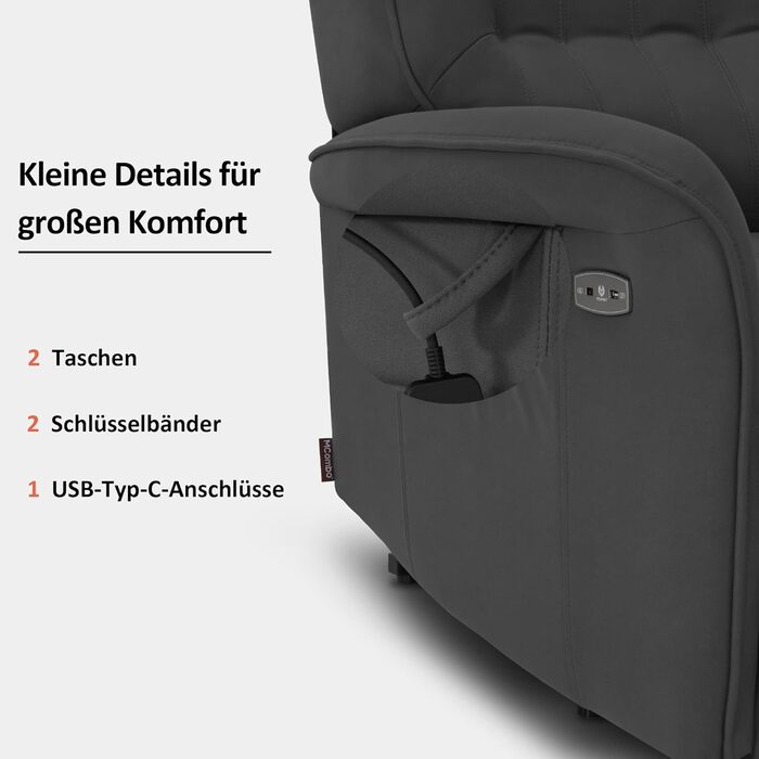 Крісло для телевізора M MCombo з електричним підйомником, 2 двигуни, з масажем та підігрівом, реклайнер з функцією лежання до 160, подушка сидіння з повного пінополіуретану 35D 7584 (мікрофібра, сірий)