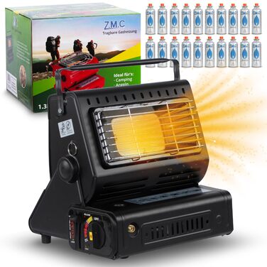 Портативний керамічний газовий обігрівач та плита ZMC 2-в-1 1,3 кВт, з підключенням для зрідженого газу 20 газових картриджів, кемпінгова плита з п&39єзорозпалом, кемпінговий обігрівач, газовий обігрівач для використання на вулиці, в наметах, на терасах, 
