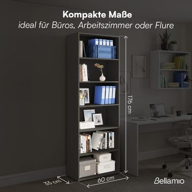 Книжкова полиця Bellamio Apol на 6 полиць - Антрацитово-чорна окремостояча полиця - Відкрита дерев&39яна полиця - Міцна полиця для вітальні, офісу та кабінету - Регульована по висоті полиця для документів 176x60x33 см Антрацитово-відкрита