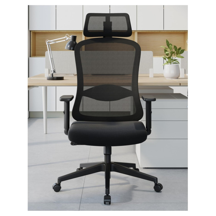 Ергономічне офісне крісло, обертове крісло з поперековою подушкою з пінопласту, офісні крісла з регульованими 2D підголівниками та підлокітниками, крісло для керівника до 150 кг/330 фунтів (чорне)