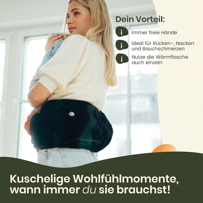 Пояс для грілки KUNU Original - Преміальна довга грілка з поясом - Пояс для нагрівання під час менструації 130 см - Плюшева грілка з кришкою - Пояс для грілки з подарунковою упаковкою, пухнастий чорний