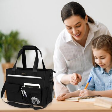 Жіноча сумка для вчителя, сумка для ноутбука з 15 кишенями, робоча сумка для медсестер, вчителів та лікарів, чорна XL (41 x 15 x 32 см)