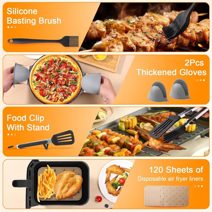 Аксесуари для фритюрниці ENSINE, аксесуари для фритюрниці для фритюрниці Ninja AF400EU, AF500EU, 9-10.4L XXL, включаючи силіконову форму, масляний спрей, решітку для гриля, силікон форми для випічки, папір для випічки тощо. НАБІР 22 шт.