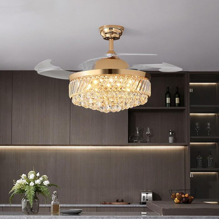 Тихий вентиляторний світильник Кришталевий стельовий вентилятор з пультом дистанційного керування Сучасна висувна стельова люстра