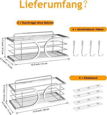 Полиця для душу без свердління, нержавіюча сталь 304, велика місткість, стійка до іржі, 2 шт. - сріблястий