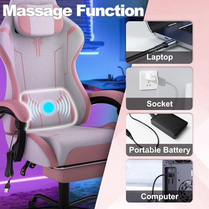 Ігрове крісло HENGMEI Ергономічне комп&39ютерне крісло Масажне ігрове крісло Офісне крісло Поворотне крісло з масажною поперековою подушкою, підставкою для ніг, м&39якими підлокітниками Підголівник Настільне ігрове крісло, рожеве - шорстка поверхня