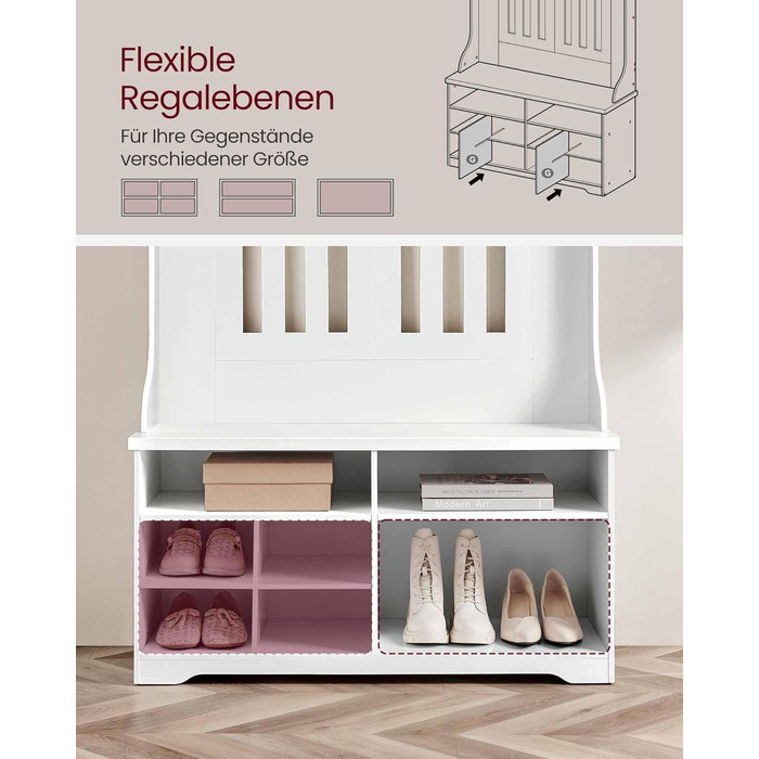 Вішалка для верхнього одягу VASAGLE з лавкою для взуття, шафа, місце для зберігання взуття, 5 потрійних гачків, окремостояча, компактна, для вхідної зони, коридору, регульовані полиці, хмарно-білий HSR404T10