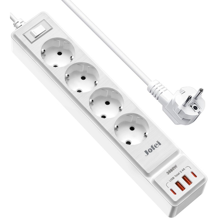 Мережевий фільтр 8 n 1 розетка з USB, 3680 Вт з вимикачем, захист від перенапруги 16А, багатоконтактна вилка з 2 розетками USB C д