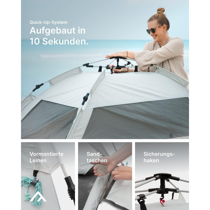 Пляжний намет qeedo Quick Palm із захистом від ультрафіолету (UV80) та невеликим розміром у пакуванні - Легкий, швидкозбірний пляжний намет (система швидкого складання) пропонує захист від сонця та вітру на пляжі, особливо для дітей. Піщано-сірий колір.