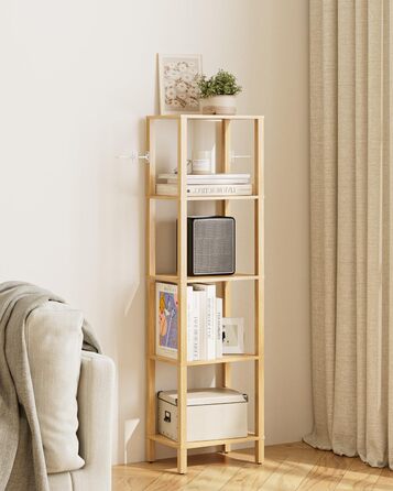 Книжкова полиця, вузька полиця з 5 полицями, кухонна полиця з відкритими полицями, 38 см x 27 см x 136 см, окремостояча полиця для вітальні, офісу, кабінету, дуб, 5 полиць
