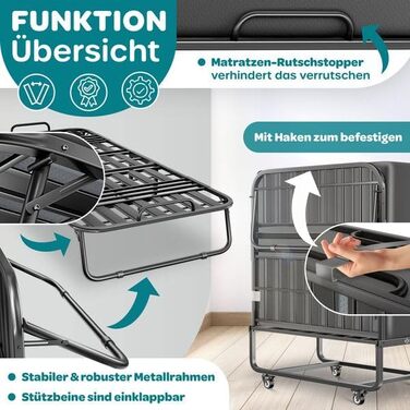 Розкладне ліжко KESSER 200x90 см, гостьове ліжко з матрацом з піни з ефектом пам&39яті та колесами Розкладне дорожнє ліжко з металевим каркасом для дорослих, вантажопідйомність до 250 кг Металеве ліжко з матрацом з піни та преміум-чохлом кольору антрацит