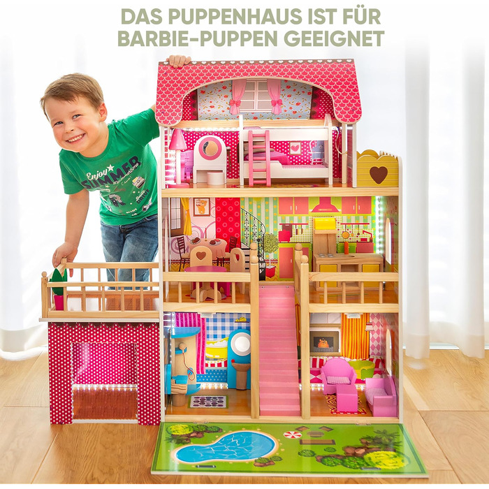 Дерев&39яний ляльковий будиночок Kinderplay Велика 3-поверхова вілла з гаражем та садом Світлодіодне освітлення, 17 предметів меблів Для дітей від 3 років, Ляльки до 30 см 90 см заввишки, Рожевий