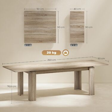 Розсувний обідній стіл HOMCOM 180-260 x 90 см, Кухонний стіл для 8-10 осіб, Сучасний обідній стіл, Дуб, Виготовлено в ЄС