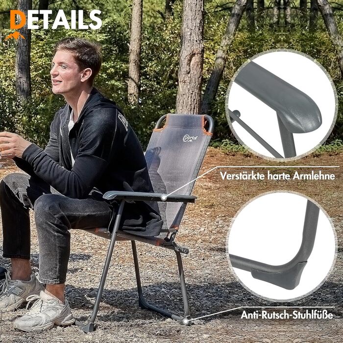 Крісло для кемпінгу Portal, складне, кемпінгове крісло, вантажопідйомність до 100 кг, легке, рибальське крісло, пляжне крісло, складне, висока спинка для садового фестивалю на свіжому повітрі, помаранчеве, сіре, сіро-помаранчеве