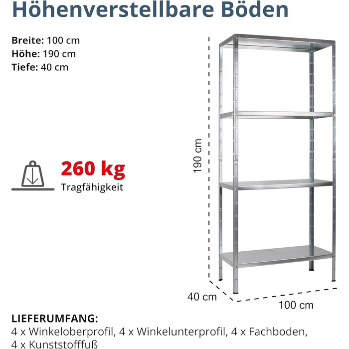 Система стелажів SCHULTE з 4 полицями PowerMAX, вантажопідйомність 65 кг, 190x100x40 см (ВxШxГ), оцинкована (полиця для зберігання, полиця для майстерні, полиця для підвалу, полиця для гаража, металева полиця)
