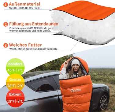 Пуховий спальний мішок, зимовий спальний мішок, преміум-пух 600FP, від 12C до -24C, легкий та теплий на 3-4 сезони, для кемпінгу, походів та трекінгу на природі, помаранчевий, 7C