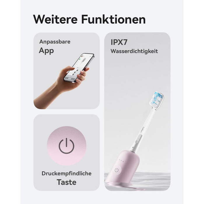 Електрична звукова зубна щітка з осциляціями та вібрацією для дорослих. Комплект з 3 насадками, водонепроникність IPX7, магнітна зарядка та зручність у подорожах (Алюмінієво-рожевий)