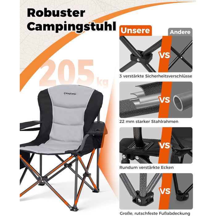 Крісло для кемпінгу KingCamp, складне, міцне, для дорослих, висота 205 кг, складні кемпінгові крісла, з регульованою поперековою опорою, сумкою-холодильником та підлокітниками, висока спинка, садове крісло, риболовля M - чорний сучасний