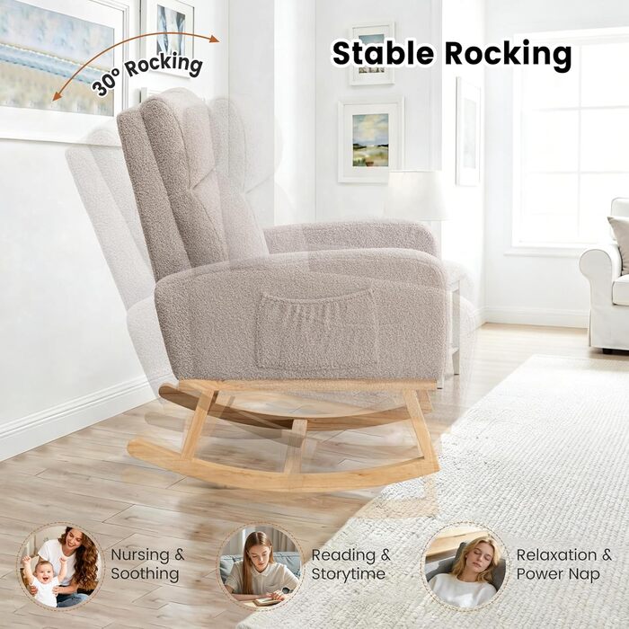 Крісло-гойдалка, крісло для годування, м&39яке крісло для годування з дерев&39яними ніжками та боковими кишенями, крісло-гойдалка з високою спинкою для годування грудьми у вітальні, спальні та дитячій кімнаті (світло-сірий ведмедик)
