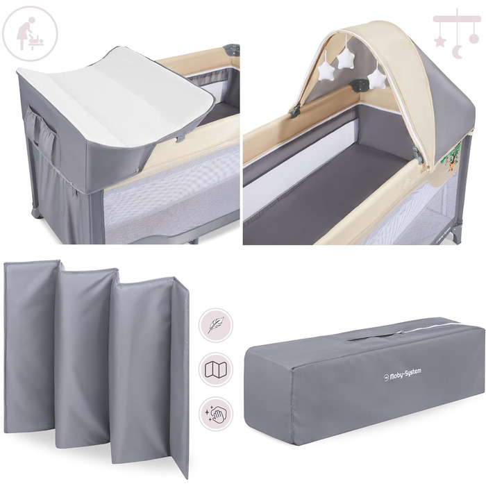 Дорожнє ліжечко-манеж Moby-System Huxley 2-в-1 з пеленальною підкладкою, 2 матрацами, москітною сіткою, сумкою для перенесення - для дітей від 0 до 36 місяців, 128x68x75 см, сірий/рожевий