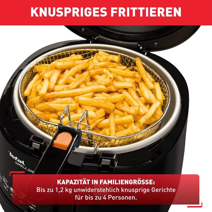 Просто одна електрична фритюрниця Місткість XL для картоплі фрі до 1,2 кг Ексклюзивна система охолодження стін Запчастини, безпечні для миття в посудомийній машині Оглядове вікно регульований термостат Чорний, 1608