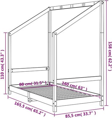 Дитяче ліжко, біле, 80x160 см, виготовлене з масиву сосни з міцним каркасом та повітропроникними фанерними ламелями для гарної підтримки - , 165,5 x 85,5 x 158 см, біле