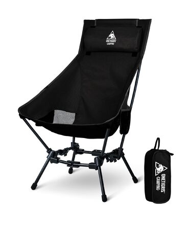 Крісло для кемпінгу OneTigris DRAGONHIDE, висока спинка, складне, вантажопідйомність 125 кг, легке складне кемпінгове крісло, складне рибальське крісло з 2 боковими кишенями, надлегке складне крісло для використання на свіжому повітрі, для походів, чорне