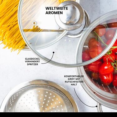 Каструля для пасти KitchenCraft World of Flavours з дуршлагом та паровою корзиною для овочів у подарунковій коробці, нержавіюча сталь, під індукцію, 4 л