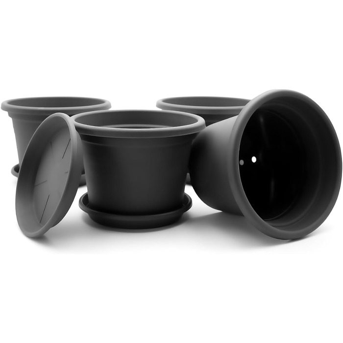 Набір із 4 круглих квіткових горщиків з блюдцями BigDean, ø 40 см, антрацит всепогодні кашпо, зроблені в Європі, антрацит, ø 40 см