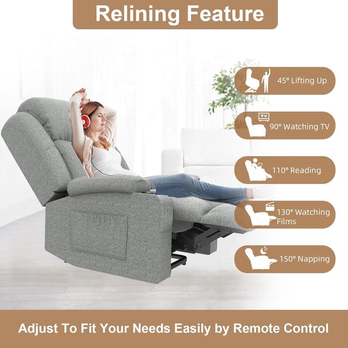 Електричне крісло-реклайнер/масажне крісло для телевізора з функцією відкидання спинки, підйомником, функцією масажу, підігрівом, підставкою для ніг, підстаканником, 4 бічними кишенями, портами типу C та USB, шкіряне крісло, сірий колір