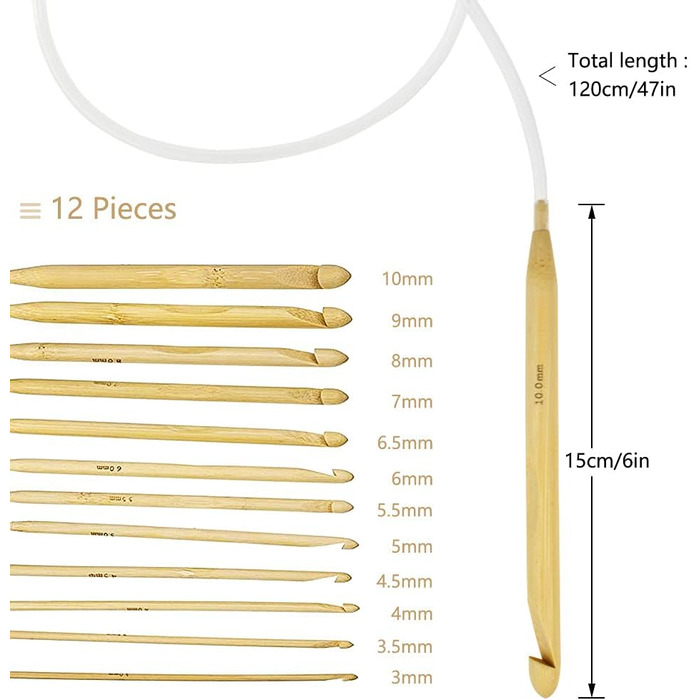 Набір афганських гачків для вязання Graplan з туніського бамбука, 12 предметів, афганські карбонізовані гачки для вязання, розширені гачки для вязання для початківців, домашнє використання, светри, шкарпетки, шарфи (3-10 мм)