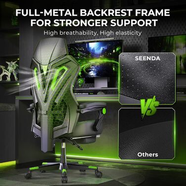 Ергономічне ігрове крісло Seenda GCP-25 з масажем офісне крісло з високою спинкою, кутом нахилу 135, з підставкою для ніг, з повітропроникною сітчастою тканиною та вантажопідйомністю 150 кг, безшумними колесами для використання на столі