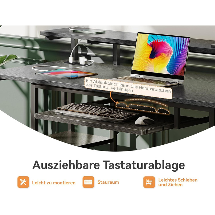 Комп&39ютерний стіл ODK з 4 шухлядами, 140x52x92 см, 2 розетки та 2 порти зарядки USB, ПК-стіл з полицею, ігровий стіл з підставкою для клавіатури для офісу, вітальня, чорний 140x52 см, чорний