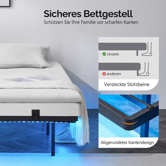 Каркас ліжка Bonnlo 140x200 см з рейковою основою, ліжко 140x200 см зі світлодіодним освітленням, міцне металеве ліжко, плаваюче ліжко висотою 36 см, чорне (без матраца) 140 x 200 см