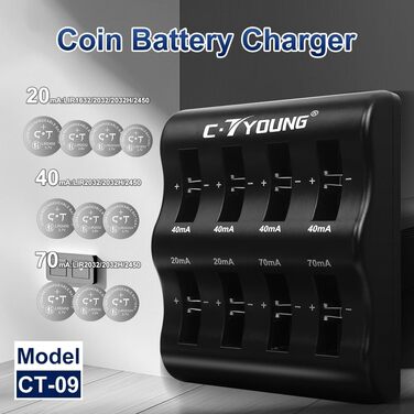 Акумуляторний зарядний пристрій для батарейок-ґудзиків з 8 слотами для зарядки 3,6 В LIR2032/2032H/2450/2440/2430/2025/2016/1632 (батарейки не входять до комплекту)