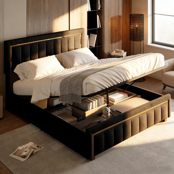 М&39яке ліжко 140x200 з місцем для зберігання, гідравлічне ліжко з місцем для зберігання, двоспальне ліжко з узголів&39ям, каркас ліжка з рейковою основою, каркас ліжка для дорослих, оксамит (чорний, 140 x 200 см) Black-c 140 x 200 см