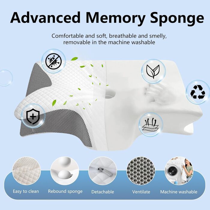 Подушка для шиї JINER, подушка з піни з ефектом пам&39яті, ортопедична подушка, ергономічна подушка для сну на боці, спині та животі, 62x37x10/12 см