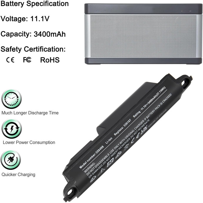 Акумулятор для Bose SoundLink III 330107 359498 330107A 359495 330105 330105A Замінний акумулятор для Bose SoundLink Bluetooth Mobile Speaker II 404600, 11.1V 3400mAh 359495