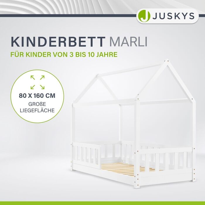 Дитяче ліжко Juskys Marli 80 x 160 см з матрацом, захисними поручнями, рейковою основою та дахом - Ліжко-будиночок з масиву дерева для дітей - Ліжко білого кольору