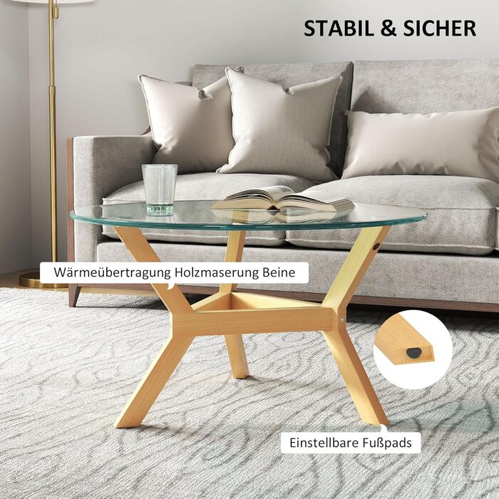 Журнальний столик HOMCOM із загартованого скла, стіл для вітальні з регульованими подушками для ніг та сталевим каркасом, круглий бічний столик для вітальні, прозорий, Ø80 x 45 см