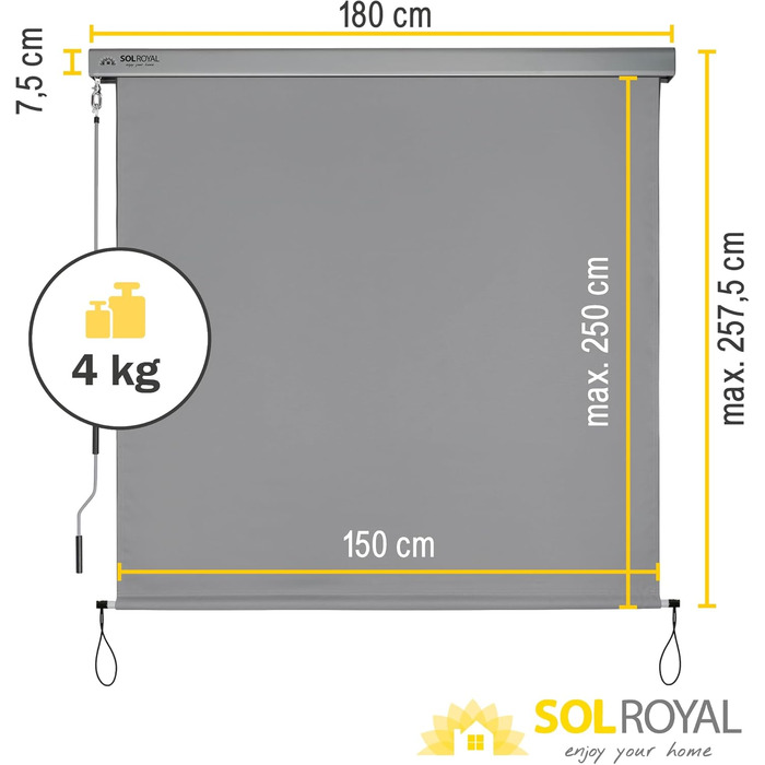 Вертикальний тент Sol Royal 180x250 см, тент MS5 міцний балконний щит для приватності, знімний ручний механізм, водовідштовхувальний сонцезахисний козирок для тераси, балкона, саду, всепогодний вертикальний тент, сірий 180x250 см