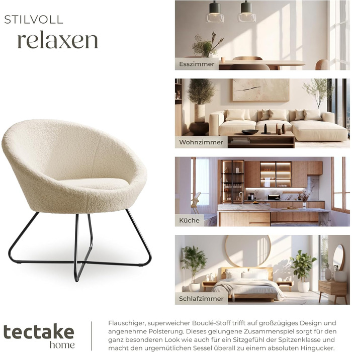 Кругле коктейльне крісло tectake з букле, крісло Тіффані, крісло для читання, безперервна спинка, крісло для вітальні, скандинавське крісло для годування, крісло-реклайнер, крісло для відпочинку - Boucl Off-White