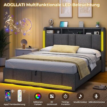 М&39яке двоспальне ліжко 140x200 з ящиком для зберігання, гідравлічне ліжко з місцем для зберігання зі світлодіодним освітленням та розетками, ліжко 140x200 см з узголів&39ям для зберігання, рейковий каркас, льон, темно-сірий (без матраца) 140 x 200 см те