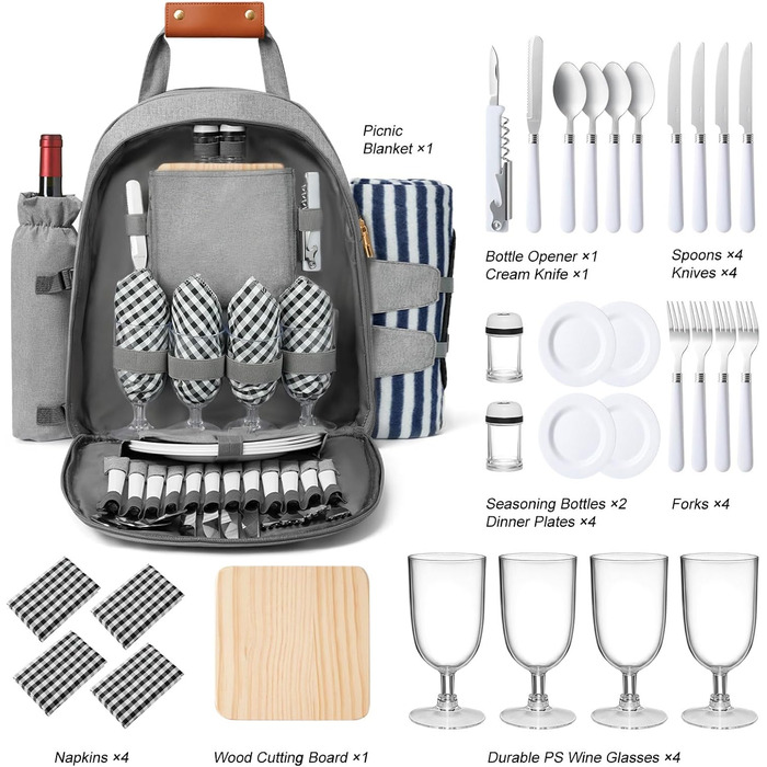 Рюкзак для пікніка на 4 особи з відділенням-холодильником та підставкою для вина, флісовою ковдрою, набором столових приборів, для кемпінгу, пляжу, одноденних поїздок, походів, аксесуарами (світло-сірий)