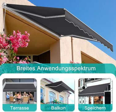 Ручний складаний тент Aufun, балконний тент з алюмінію та поліестеру, висувний сонцезахисний тент з ручним приводом, водонепроникний та стійкий до ультрафіолету для балкону, тераси та використання на вулиці (250x200 см, темно-сірий) 250 x 200 см темно-сір