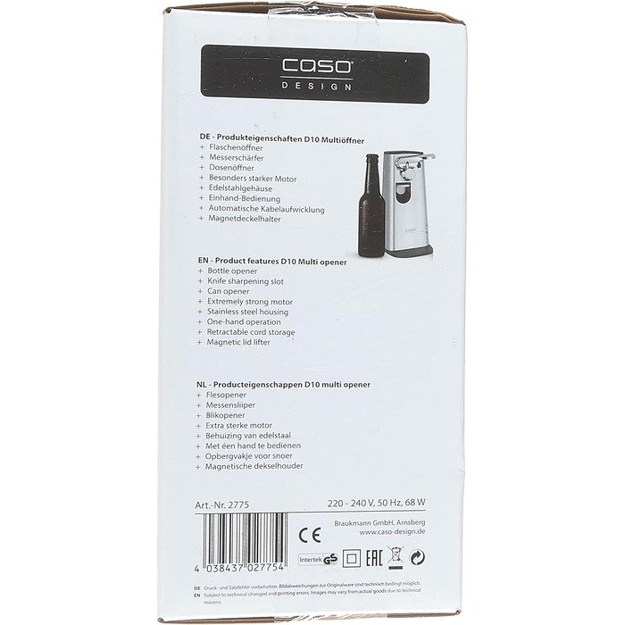 Мультивідкривач CASO D10 з високоякісним корпусом з нержавіючої сталі, універсальне використання в якості відкривачки для пляшок, точилки для ножів, консервного ножа, в т.ч. практичного втягування кабелю, магнітного тримача кришки, потужного двигуна