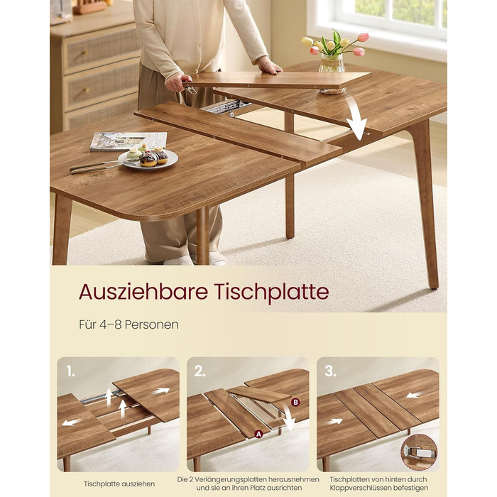Обідній стіл VASAGLE, кухонний стіл, розсувна стільниця, вантажопідйомність 120 кг, для їдальні, офісу, кабінету, простий дизайн, медово-коричневий KDT090K01